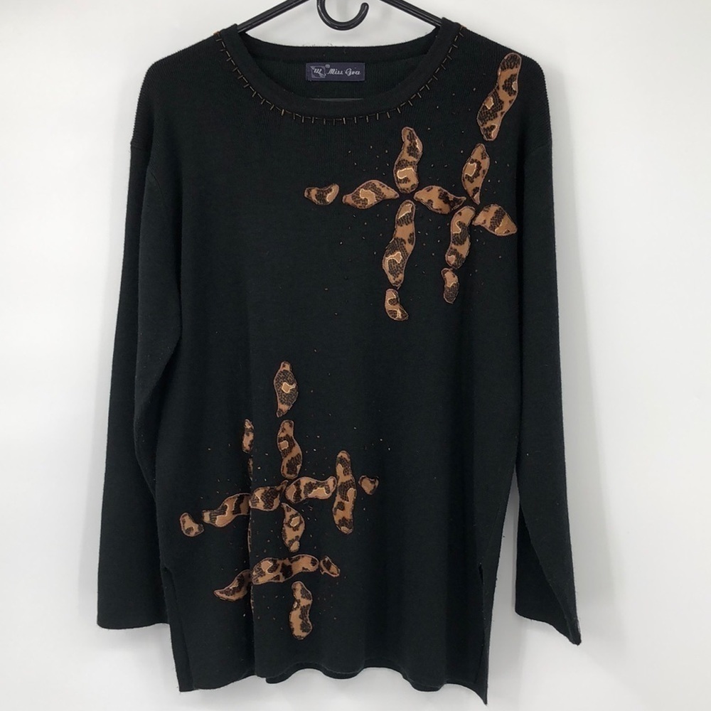 Black Knit Sweater with sparkles and animal print enhancements Size L/XL Artsy